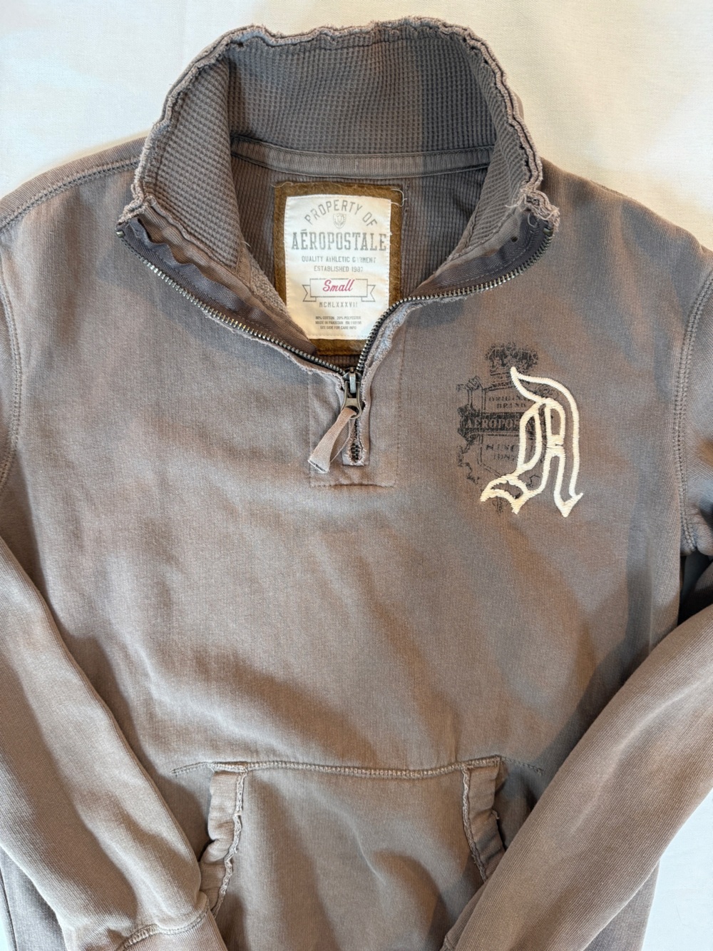 Y2K Aeropostale Quarter Zip Sweatshirt Embroidered Mocha Brown Small - Picture 3 of 8